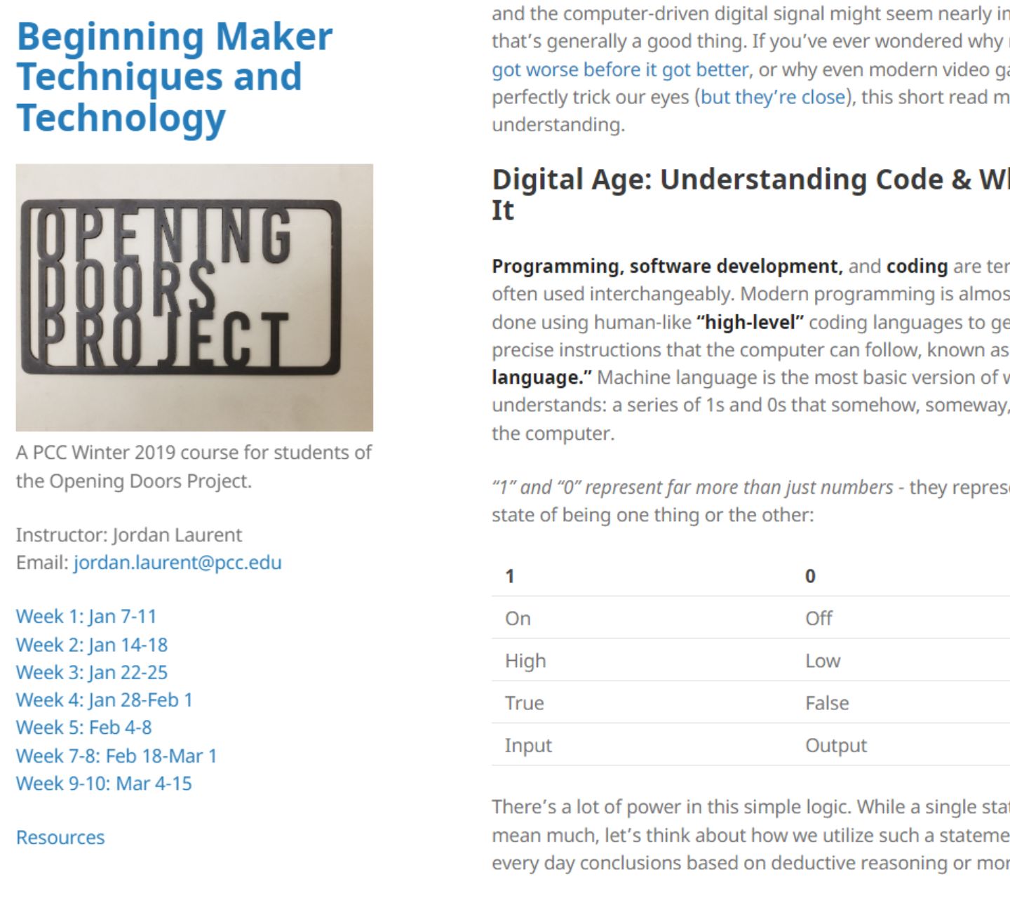 A web page displays a lesson about understanding code, featuring a distinction between high-level and low-level programming languages, a simple chart on what binary digits can be used represent, and a connection to solving complex problems with simple logic.